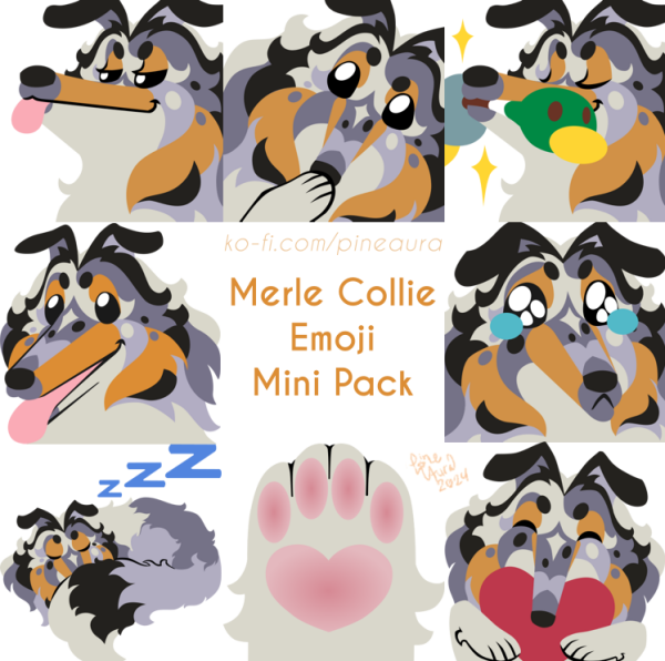 A preview image showcasing 8 of the 11 total emojis from the Blue Merle Collie emoji pack. The expressions here are from top to bottom, screen left to right: tongue sticking out, thinking, holding a toy, neutral happy, sad, sleeping, toe beans, and holding a heart.