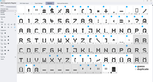 A screenshot of Birdfont with the WU3 Segments font, highlighting the guessed characters (blue dot) and the duplicates (gray background).