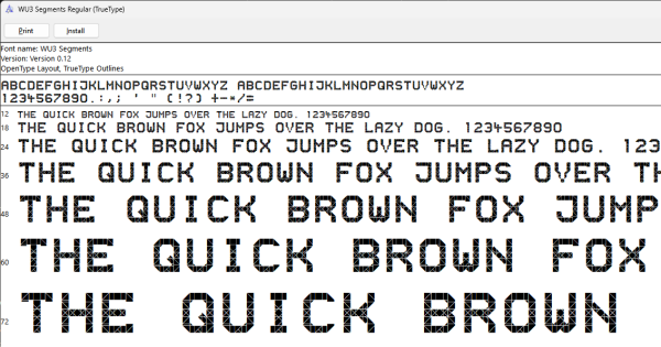 A screenshot of the Windows font preview application, showing the WU3 Segments font.