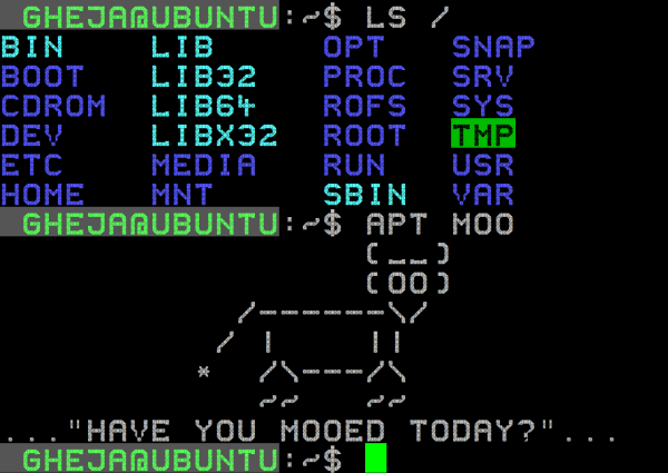 A screenshot of a Linux terminal using the WU3 Segments font, it is not really usable but it's fun. It shows a list of the root file system and the apt moo command with a cow asking "have you mooed today?".