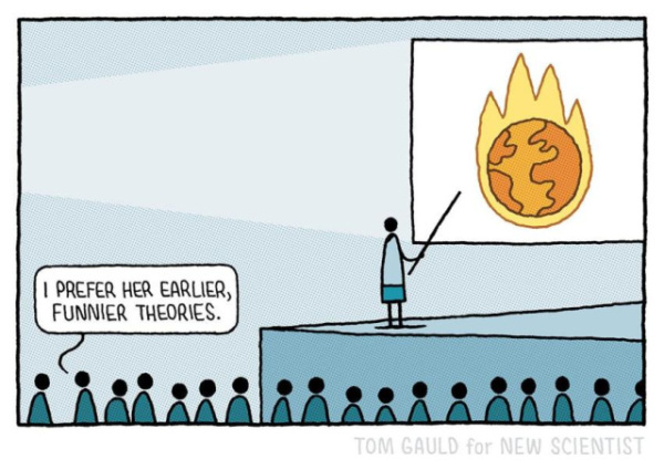 A speaker points at a graphic of a spherical Earth in orange engulfed in a yellow flame. In the audience, someone says, 'I prefer her earlier, funnier theories'.