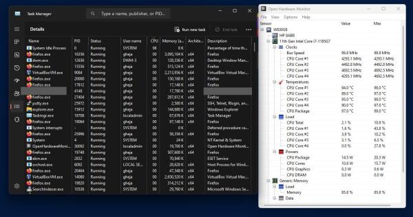 A screenshot showing a Windows 11 machine with a Task Manager and Open Hardware Monitor open. There are a lot of task running but none consumes any significant CPU, the system is 98% idle. The CPU temperature however is around 95 °C (203 °F).