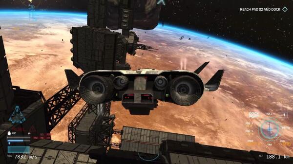 screenshot from the game Flight of Nova shows a small spaceship in orbit with a station above a reddish planet