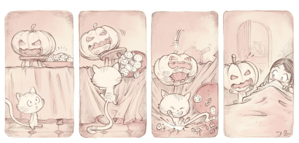 A short four panel webcomic:

1. Carrot, a small cat, notices a plate of cookies on a table. The table also has a carved pumpkin jack-o'-lantern.
2. When he climbs onto the tablecloth, he accidentally drags the entire contents of the table with him.
3. He falls, and we can see that the carved pumpkins are aligned with his head.
4. Later, in Pepper's bedroom upstairs, Carrot asks for help, but he has the pumpkins on his head, and Pepper is afraid of him and partially covers herself with her sheets.