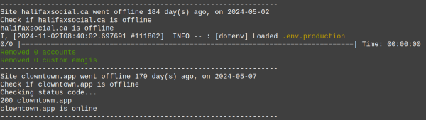 The script's console output, showing an offline domain being purged and a domain detected as online