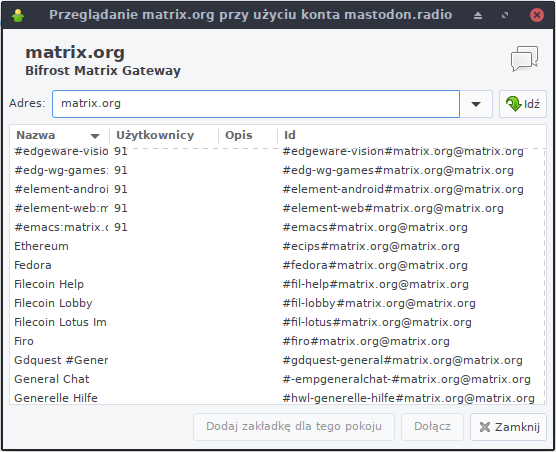 Screenshot of gajim's XMPP Service browser showing the available rooms on the matrix.org server, displaying the capability of connecting from XMPP to the Matrix channel easily