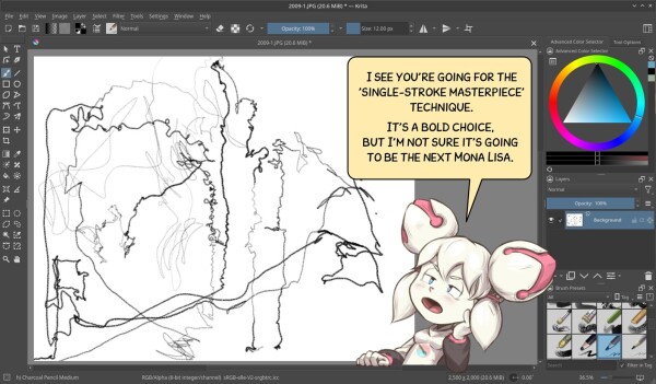 A screenshot of Krita, on the canvas: a long single line very shacky, representing nothing.
Kiki personal assistant look at it in a blasé way.
"I see you're going for the 'single stroke materpiece' technique. It's a bold choice, but I'm not sure it's going to be the next Mona Lisa."