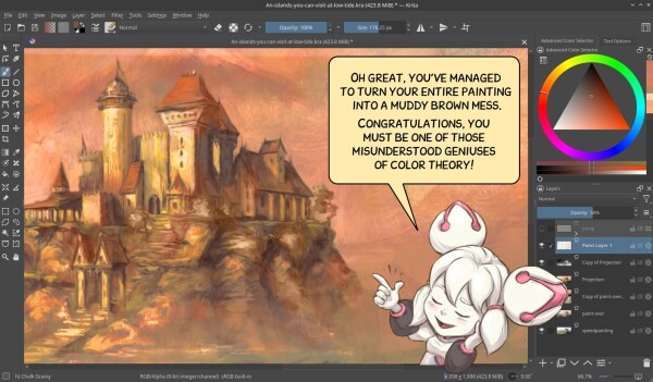 A screenshot of Krita, on the canvas: a brown painting of a castle. 
Kiki personal assistant is posing proud, smiling with her finger pointing to the canvas.
"Oh great, you managed to turn your entire painting into a muddy brown mess. Congratulations. You must be one of those misunderstood geniuses of color theory."