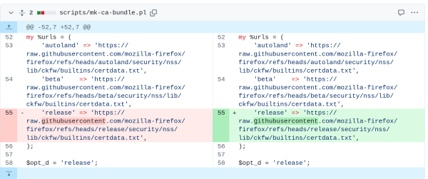 GitHub diff output showing what looks like identical strings as being different. The right one has the Latin 'g' replaced with an Armenian 'g'.