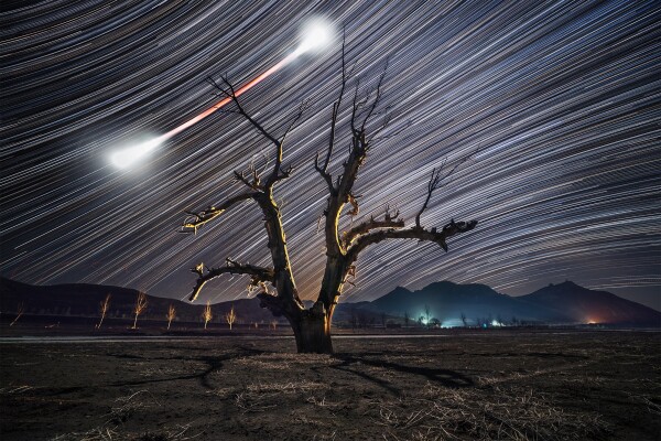 2018 February 8

Bow Tie Moon and Star Trails
 * Image Credit & Copyright: Haitong Yu

Explanation: 
On January 31, a leisurely lunar eclipse was enjoyed from all over the night side of planet Earth, the first of three consecutive total eclipses of the Moon. This dramatic time-lapse image followed the celestial performance for over three hours in a combined series of exposures from Hebei Province in Northern China. Fixed to a tripod, the camera records the Full Moon sliding through a clear night sky. Too bright just before and after the eclipse, the Moon's bow tie-shaped trail grows narrow and red during the darker total eclipse phase that lasted an hour and 16 minutes. In the distant background are the colorful trails of stars in concentric arcs above and below the celestial equator. 

Authors & editors: Robert Nemiroff (MTU) & Jerry Bonnell (UMCP)
NASA Official: Phillip Newman Specific rights apply.
NASA Web Privacy Policy and Important Notices
A service of: ASD at NASA / GSFC
& Michigan Tech. U.