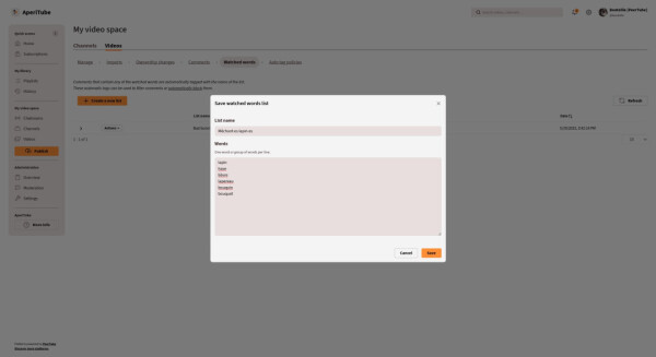 Screenshot showing the form for creating a new watched words list.