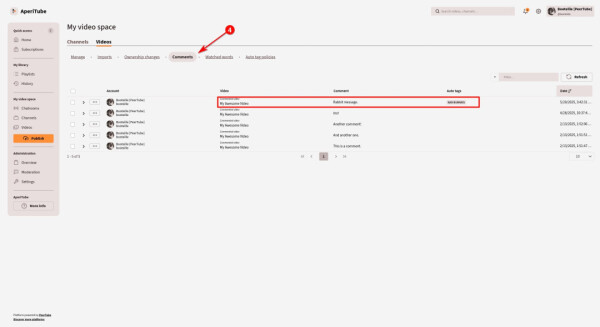 Screenshot showing a videomaker comments list.
PeerTube tagged one of the comment with the name of the list previously created because it contains one of the watched words.
