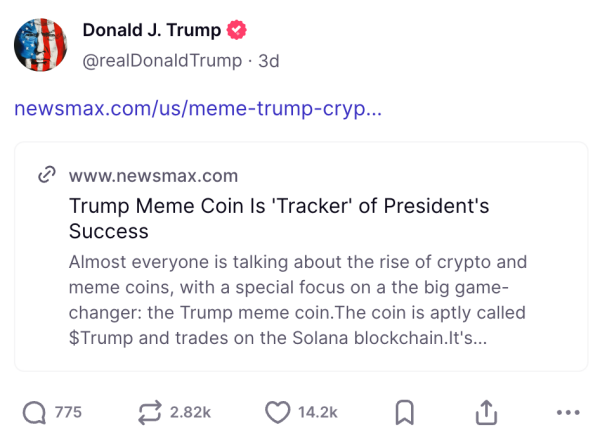 Truth Social post by Donald Trump: Newsmax link with the headline “Trump Meme Coin is ‘Tracker’ of President’s Success”
