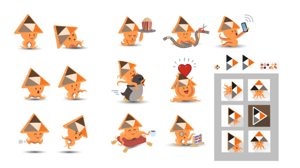 A sheet filled with small illustrations of the Peertube octopus named Sepia, all done in flat colour. It features various poses, such as running on a penguin, offering popcorn, cutting a film, sitting on a velvet cushion with a coffee, lifting a heart or counting with an abacus. On the right-hand side, there are also icon and colour palette studies.