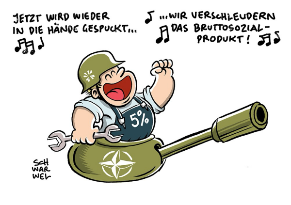 Ein dwutscher Handwerker mit Bundeswehrhelm ragt heiter-entschlossen aus einem NATO-Panzer und singt: „JETZT WIRD WIEDER IN DIE HÄNDE GESPUCKT - WIR VERSCHLEUDERN DAS BRUTTOSOZIALPRODUKT!“ (Credit: SCHWARWEL)