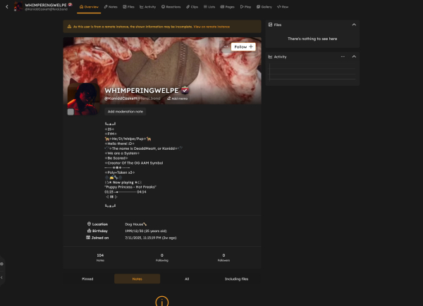 Screenshot of the profile for @KaniddCaskett@feral.bond. PFP is a demon-ish character obscured under red lighting. Bio reads:
╚»★«╝
✧25✧
✧FtM✧
🦮✧He/It/Welpe/Pup✧🦮
✧Hello there! :D✧
🩺✧The name is DeaddMeatt, or Kanidd✧🩺
✧We are a System✧
✧Be Scared✧
✧Creator Of The OG AAM Symbol
━─┉┈◈◉◈┈┉─━
✧Poly+Taken x3✧
♠️✍️🔧♠️
꒰১★ 𝗡𝗼𝘄 𝗽𝗹𝗮𝘆𝗶𝗻𝗴 ★໒꒱
"Puppy Princess - Hot Freaks"
01:23 ━●─────── 04:14
ㅤ ㅤ◁ㅤ ❚❚ ㅤ▷ ㅤㅤ

╚»★«╝