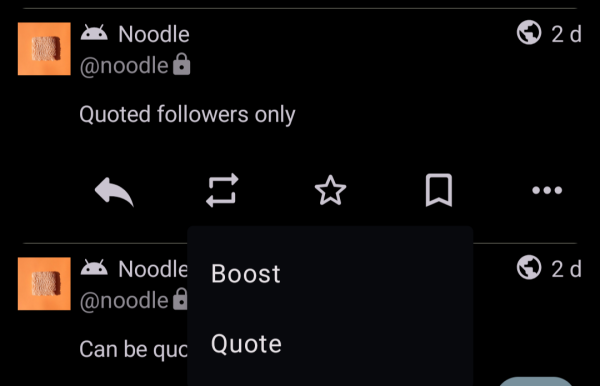 screenshot where the boost icon has been tapped. It opens a context menu where there are two options: boost or quote.