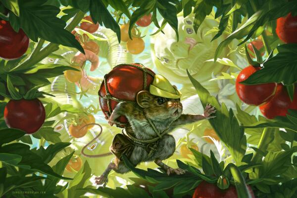 Fantasy illustration of an anthropomorphic mouse with a hat carrying a large cherry tomato who is frightened by a dragon-like caterpillar in the background while it tries to sneak through tomato plant vines.