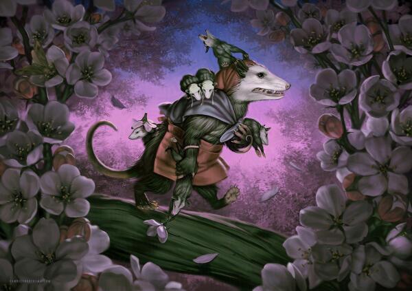 Fantasy art of an anthropomorphic possum mom who is carrying unruly possum babies as it walks a log at dusk, surrounded by blossoming branches. 