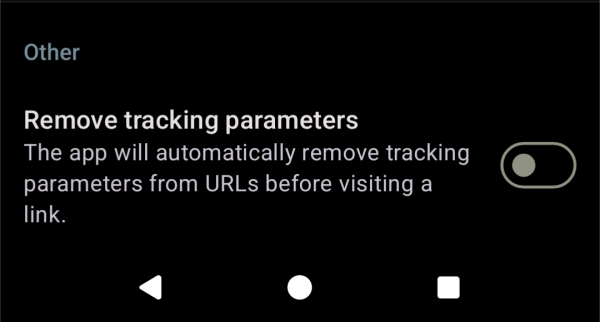 Screenshot showing the option to remove tracking parameters in URLs. By default this option is turned off.