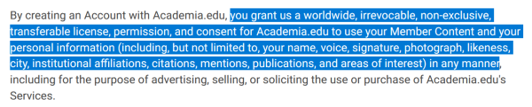 Text "By creating an Account with Academia.edu, you grant us a worldwide, irrevocable, non-exclusive, transferable license, permission, and consent for Academia.edu to use your Member Content and your personal information (including, but not limited to, your name, voice, signature, photograph, likeness, city, institutional affiliations, citations, mentions, publications, and areas of interest) in any manner, including for the purpose of advertising, selling, or soliciting the use or purchase of Academia.edu's Services." Middle portion is highlighted.