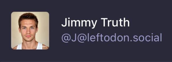 Screenshot of a Mastodon avatar, name, and handle. The name is Jimmy Truth. The avatar is a young white male, with a long buzz cut, wearing a white tank top.
