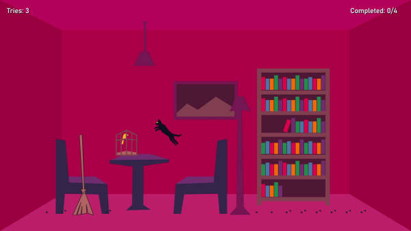 Another screenshot from the same game, this time it is from a room. The room has a desk, two chairs, a book shelf, a canary locked in a cage and most importantly a cat that is about to push the cage off the table. And also a broom that is cleaning up the pawprints of the cat.