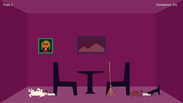 A fourth screenshot, it is of a different room with sleeping dogs and a cat eating their food.