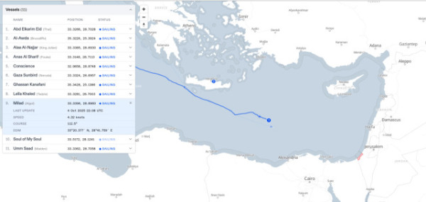 Mapa z pozycją Flotylli Global Sumud w momencie porwania uczestników przez izrael