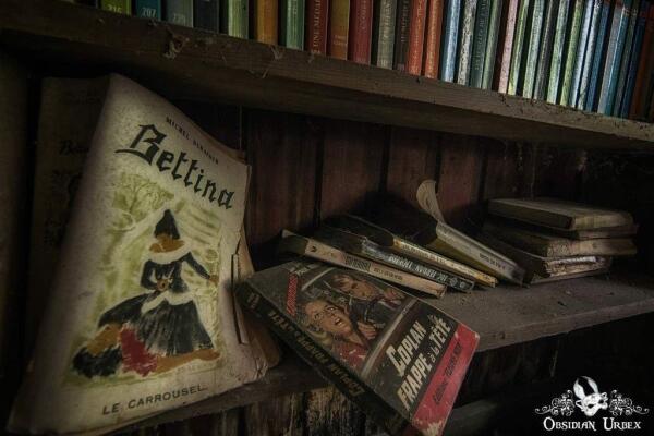 A shelf with old, worn books and magazines, including a book titled "Bettina" and a French crime novel, in a dimly lit, dusty setting.