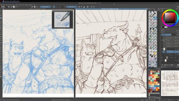 A Krita screenshot, a digital painting Free/Libre and Open Source application, with on the canvas a blue sketch on the left, and a inked in deep red on the right. The scene represents a minotaur talking to a hyena colleague.  