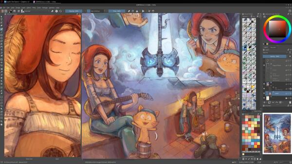 A Krita screenshot with on the canvas a scene pre colored (sketchy) of a montage where Pepper sing like a bard with a luth and a hat.  