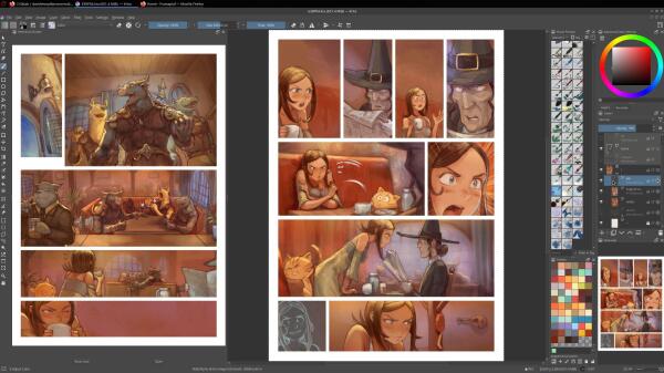 A Krita screenshot with on the canvas two comics pages: on the left, a group of anthropomorphic animals enter a tavern, and Pepper (a young witch)  is upset at their behavior. On right Pepper argue with Cayenne, her master.   