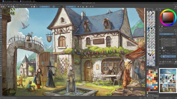 A Krita screenshot with on the canvas the detailing of a panel showing a cute fantasy village. It's market day, children are running around Pepper and Cayenne, a fountain, birds, sun light.   