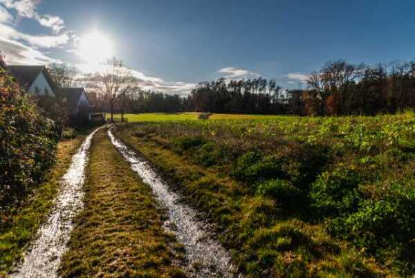 Feldweg mit Sonne nach dem Regen