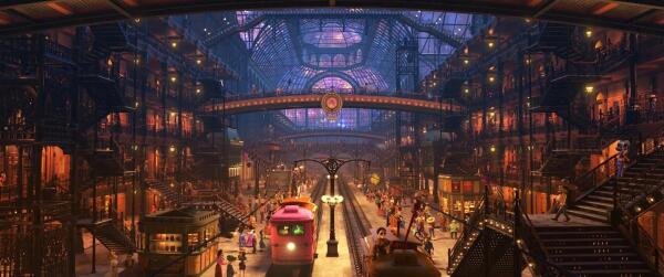 Still from the Disney animated movie Coco showing a large train station in turn-of-the-century design, with a glass roof and steel-framed galleries on each side, two tracks for tram-like trains in the middle, and beautifully ornamented lanterns and staircases.
