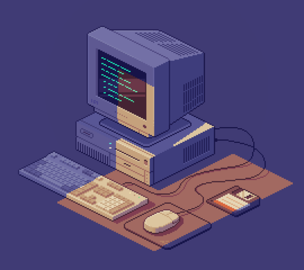 An image in isometric pixel art style, depicting a Windows 95 PC. Green text is on the monitor, and a floppy disk is lying beside the mouse.