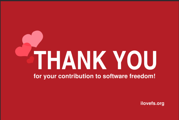 A postcard saying "Thank you for your contribution to software freedom!"