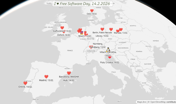 A Screenshot taken from https://mapforge.org/m/11171656?nomenu=true#3.07/46.1/5.8/0/30 showing IloveFS events in Europe on an interactive map