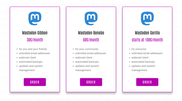 Screenshot of the website showing different pricing options for a Mastodon instance:

1. Mastodon Gibbon (30€ per month) - for you and your friends

2. Mastodon Bonobo (60€ per month) - for your community

3. Mastodon Gorilla (starts at 100€ per month) - for everyone

Additionally all 3 options have the following services in common:
- unlimited email addresses
- webmail client
- automated backups
- updates and system management