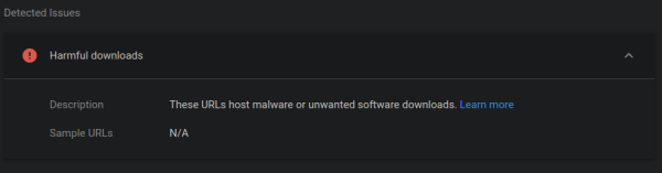Message stating: "These URLs host malware or unwanted software downloads. Sample URLs: N/A"