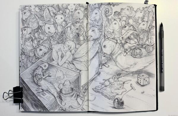 A photo detailed ballpoint pen drawing in a sketchbook depicting a sleeping fairy on a matchbox, surrounded by an assembled army of mice. The fairy lies peacefully under a blanket with her wings visible, her discarded clothes on the floor beside the matchbox. A cherry sits nearby, remnants of her dinner. Around her, an intricate mouse civilization has gathered: a shaman mouse observes her intently, soldier mice display varied reactions of fear and uncertainty, a female priest mouse stands with her servants gesturing to others as if announcing a prophecy. Additional details include a soldier mouse with a lizard familiar wearing a belt and carrying gears, and another mouse mounted atop a small passerine bird. The composition is densely detailed with numerous characters and interactions filling the space around the central sleeping figure, all rendered in black ballpoint pen with no preliminary sketch.