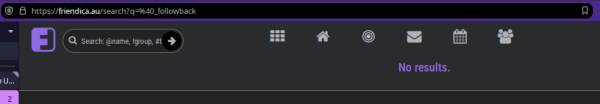 `friendica.au` search attempt for `@_followback`, showing no finds. 