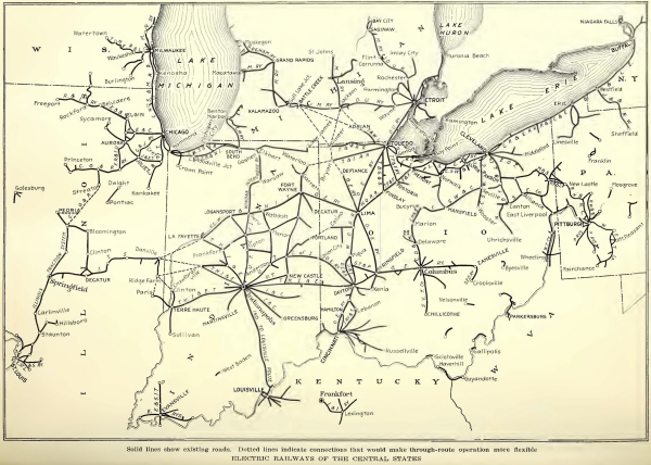 a map from 1918 showing the interurban network sprawling across Illinois, Indiana, Michigan, and Ohio