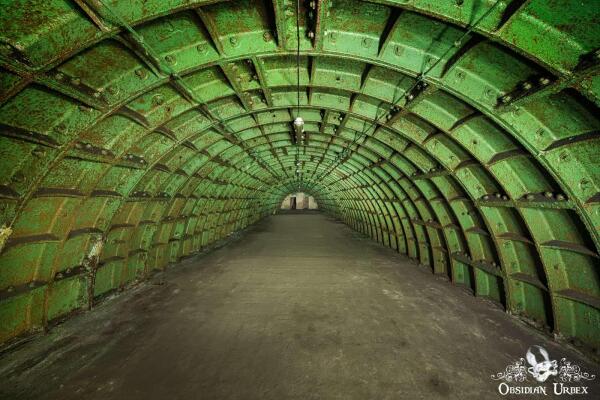 huge bunker corridor, green arched