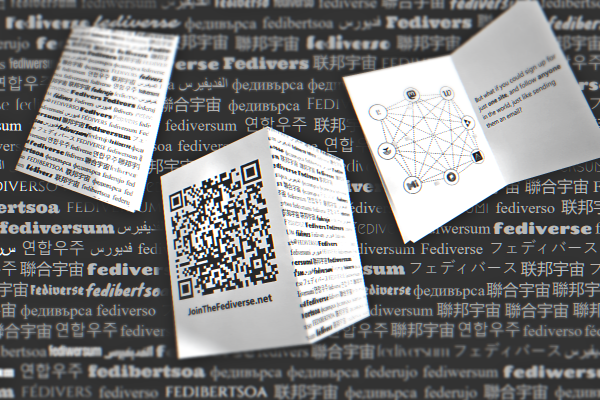 A collage of three photos of the printed mini-zine, cut out and arranged on a dark background image with translations of the word 'fediverse' written in white in different languages, repeating across multiple lines.