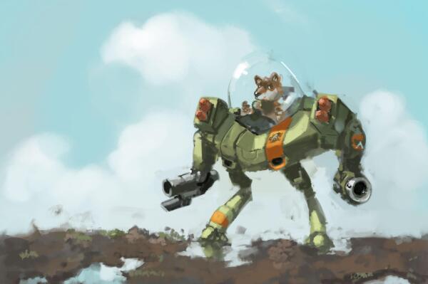 Digital painting of stylized mecha with oversized canopy, green with orange markings, piloted by anthropomorphic wolf.