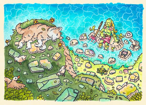  A colourful sunny line art drawing. You see the top side of a beach. on one side, on a cliff there is a dog sleeping peacefully on the grassy surface. Eyes blisfully squint, surrounded by flowers and birds. In the distannce. On a rock in the sea, sits a merman, looking lovingly at the dog. Sun shines in their faces. Today is good.