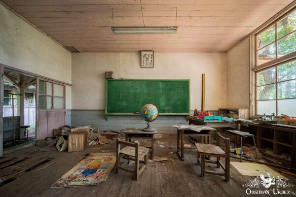 Abandoned classroom, there is a globe on the teachers desk