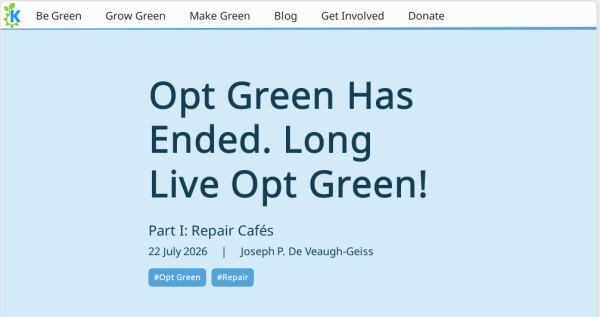 Screenshot of the KDE Eco blog post ""Opt Green Has Ended. Long Live Opt Green!"